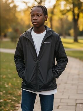 Columbia Black Hooded Packable Rain Jacket